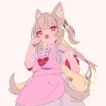  1girl animal_ear_fluff animal_ears apron blonde_hair cat_ears center_frills collared_dress commentary_request dress frills hajime_(hajime-ill-1st) hands_up heart heart_print highres kemonomimi_mode long_hair looking_at_viewer natori_sana open_mouth paw_pose pink_apron puffy_short_sleeves puffy_sleeves red_eyes sana_channel short_sleeves simple_background smile solo standing virtual_youtuber white_background white_dress 