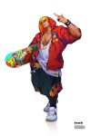  black_shorts highres holding holding_skateboard hood hoodie jewelry ken_masters ring shorts skateboard street_fighter white_footwear wristband xin_wang 