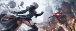  1girl 2b_(nier:automata) 6+others ass black_blindfold black_dress black_gloves black_thighhighs blindfold breasts dress gloves glowing glowing_eyes highres holding holding_sword holding_weapon machine_(nier) medium_breasts multiple_others nier:automata nier_(series) outdoors pod_(nier:automata) red_eyes seven_(sixplusone) short_hair sword thighhighs weapon white_hair 