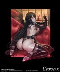  artist_name ass black_hair boots breasts company_connection copyright_name couch cuboon evertale flower gloves highleg highleg_leotard highres holding large_breasts leotard lips logo long_hair long_sleeves looking_at_viewer looking_back official_art red_eyes shiny_skin thigh_boots thighs 