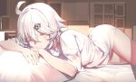  1girl absurdres ahoge blush hair_between_eyes hair_ornament hairclip highres long_shirt looking_at_viewer lying nametarou_(meron) on_bed original shirt short_hair short_sleeves solo thighs white_hair white_shirt 