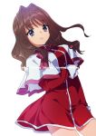  1girl blue_eyes bow breasts brown_hair capelet commentary_request cowboy_shot dress hair_intakes highres kanon long_hair medium_breasts misaka_kaori red_bow red_dress satomi_yoshitaka school_uniform simple_background solo white_background white_capelet 