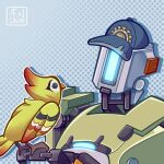  aendrin_dawan animal bastion_(overwatch) bird bird_on_hand blue_background blue_headwear english_commentary ganymede_(overwatch) hat looking_at_another overwatch overwatch_1 overwatch_2 painttool_sai_(medium) robot simple_background upper_body yellow_bird 