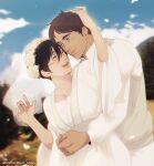  1boy 1girl black_hair breasts bridal_veil brown_hair chromatic_aberration collarbone commentary_request couple dress eren_yeager green_eyes hanpetos head_wreath height_difference hetero hug hug_from_behind husband_and_wife medium_breasts mikasa_ackerman open_mouth photo-referenced scar scar_on_cheek scar_on_face shingeki_no_kyojin short_hair smile spanish_commentary veil wedding_dress 