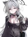  ... 1girl animal_ear_fluff animal_ears bag black_choker black_dress black_jacket blue_archive breasts choker cleavage covered_navel cross cross_earrings dress earrings grey_eyes grey_hair hair_between_eyes hair_ornament halo highres jacket jewelry large_breasts long_hair long_sleeves looking_at_viewer open_clothes parted_lips qqkkay shiroko_(blue_archive) shiroko_terror_(blue_archive) simple_background sleeves_past_wrists solo spoken_ellipsis sweat very_long_hair white_background 