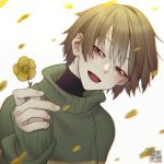  1other absurdres brown_hair chara_(undertale) deltarune falling_petals flower golden_flower_(undertale) green_sweater highres holding holding_flower open_mouth petals striped striped_sweater sweater undertale yokaze_(xxxdisxxx) 