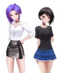  2girls black_hair black_shirt checkered_clothes choker highres iris_summer leather leo_queval multiple_girls purple_hair shirt short_hair skirt tattoo thighs umi_and_iris umi_shimizu white_shirt 