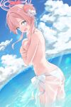  1girl ass bikini blue_archive blue_eyes blue_sky blush breasts cloud covering covering_breasts hair_bun halo highres large_breasts long_hair looking_at_viewer mimori_(blue_archive) mimori_(swimsuit)_(blue_archive) ocean pink_hair single_side_bun sky solo swimsuit tomu_(tom_309k) topless white_bikini 