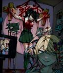  2girls ame-chan_(needy_girl_overdose) black_eyes black_hair black_skirt black_socks blonde_hair blood blood_writing blue_eyes blue_hair blue_shirt bow chouzetsusaikawa_tenshi-chan collar collared_shirt cracked_screen cross crucifixion dual_persona full_body guro hair_bow hair_over_one_eye highres holding holding_phone impaled indoors injury knife long_hair monitor multiple_girls nail needy_girl_overdose o_(user_rzay7843) outstretched_arms phone pink_bow pink_hair poster_(object) recording red_nails red_shirt restrained selfie shelf shirt shirt_tucked_in skirt smile socks spread_arms stab stuffed_animal stuffed_toy suspender_skirt suspenders twintails upper_body white_collar wrist_cutting youtube_creator_award 