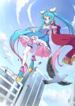  1girl absurdly_long_hair absurdres aqua_eyes aqua_hair asymmetrical_clothes bird blue_dress blush cape city cloud commentary_request cure_sky dress earrings eyelashes fingerless_gloves floating gloves gradient_hair hair_ornament happy highres hirogaru_sky!_precure huai_diao_de_zongzi jewelry long_hair magical_girl multicolored_hair pink_hair precure red_cape sky smile solo sora_harewataru streaked_hair thighhighs thighs twintails very_long_hair white_gloves 