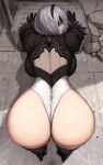  1girl 2b_(nier:automata) akitsuki_karasu arm_support ass ass_focus back_cutout bent_over black_blindfold black_gloves black_hairband blindfold breasts clothing_cutout covered_eyes facing_back feather-trimmed_sleeves foreshortening from_above from_behind full_body gloves hairband high_heels highleg highleg_leotard highres juliet_sleeves leotard long_sleeves looking_at_viewer looking_back nier:automata nier_(series) profile puffy_sleeves shadow short_hair solo standing thighhighs thong_leotard white_hair 