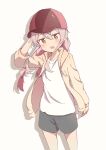  1girl absurdres alternate_costume arm_behind_head arm_up baseball_cap braid brown_eyes casual commentary_request cowboy_shot grey_shorts hair_between_eyes hat highres jacket kaai_yuu light_blush long_hair long_sleeves looking_at_viewer onii-chan_wa_oshimai! open_mouth oyama_mahiro pink_hair red_headwear shirt shorts sidelocks simple_background solo twin_braids white_background white_shirt yellow_jacket 