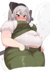  1girl blue_eyes blunt_bangs blush breasts character_request closed_mouth commentary_request copyright_request covered_navel cowboy_shot dot_nose fat green_skirt grey_hair hairband highres konpaku_youmu konpaku_youmu_(ghost) large_breasts medium_hair nimo_(b45ui) obese short_sleeves simple_background skirt solo sweat thick_arms thick_thighs thighs touhou white_background 