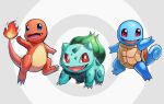  animal_focus blue_eyes bright_pupils bulbasaur charmander claws fangs flame-tipped_tail green_background highres kuroi_susumu no_humans nostrils open_mouth poke_ball_symbol pokemon pokemon_(creature) red_eyes squirtle starter_pokemon_trio turtle_shell white_pupils 