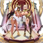  2girls animal_ears ankh black_hair breasts dark-skinned_female dark_skin detached_sleeves egyptian etahoin green_eyes hathor_(last_origin) high_heels highres huge_breasts last_origin long_hair looking_at_viewer multiple_girls nail_polish pointy_ears red_eyes revealing_clothes see-through sekhmet_of_death short_hair standing temple thighlet usekh_collar white_hair wide_sleeves 