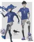  2boys ball bird black_hair black_socks blue_hair blue_shirt cleats closed_mouth demi-fiend hand_on_own_hip highres long_hair male_focus multiple_boys ponytail protagonist_(smtv) shin_megami_tensei shin_megami_tensei_iii:_nocturne shin_megami_tensei_v shirt short_sleeves shorts simple_background soccer_ball soccer_uniform socks sportswear very_long_hair white_shorts yatagarasu yatagarasu_(megami_tensei) yellow_eyes za210n 