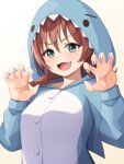  1girl absurdres animal_costume animal_hood aqua_eyes blue_nails blush braid brown_hair buttons claw_pose commentary emma_verde fang freckles gradient_background hands_up highres hood looking_at_viewer love_live! love_live!_nijigasaki_high_school_idol_club low_twin_braids medium_hair nail_polish open_mouth samesuke_(315samesuke) shark_costume shark_hood solo twin_braids yellow_background 