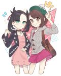  2girls backpack bag black_hair black_jacket blush brown_bag brown_eyes brown_hair buttons cardigan choker closed_mouth collarbone collared_dress commentary_request dress eyelashes gloria_(pokemon) green_eyes green_headwear grey_cardigan grin hair_ribbon hand_up hat highres jacket long_sleeves marnie_(pokemon) multiple_girls open_clothes open_jacket pink_dress pokemon pokemon_(game) pokemon_swsh red_ribbon ribbon short_hair sleeves_past_elbows smile sumeragi1101 tam_o&#039;_shanter teeth 