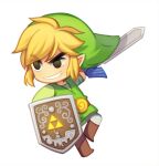  2016 black_eyes blonde_hair clothing footwear hair humanoid humanoid_pointy_ears hylian light_body light_skin male master_sword melee_weapon nintendo shield simple_background smile solo sword the_legend_of_zelda toon_link triforce weapon wind_waker wusagi2 