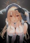  1girl absurdres adjusting_hair azur_lane bent_over between_breasts black_gloves blonde_hair breasts cleavage cross dead_knight_(20355611) fake_horns gloves gradient_background habit hair_between_eyes hand_up highres horns implacable_(azur_lane) large_breasts licking_lips light_blush lips long_bangs long_hair long_sleeves looking_at_viewer orange_eyes solo thighhighs tongue tongue_out traditional_nun very_long_hair white_thighhighs 