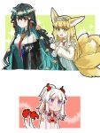  3girls :&lt; animal_ear_fluff animal_ears aqua_skirt arknights bare_shoulders black_hair black_jacket blonde_hair blush braid cardigan chinese_commentary closed_mouth collared_dress colored_inner_hair commentary_request cropped_shirt cross-laced_clothes cross-laced_skirt cross-laced_slit dragon_girl dragon_horns dragon_tail dress dusk_(arknights) earrings flower fox_ears fox_girl fox_tail green_eyes green_hair hair_flower hair_ornament hairdressing half_updo high-waist_skirt highres horns jacket jewelry kitsune kyuubi long_hair long_sleeves medium_hair multicolored_hair multiple_girls multiple_tails neck_ribbon necktie nian_(arknights) off_shoulder official_alternate_costume open_clothes open_jacket open_mouth pointy_ears puffy_long_sleeves puffy_sleeves purple_eyes red_eyes red_hair red_necktie red_ribbon red_shirt ribbon shirt short_dress skirt sleeveless sleeveless_dress streaked_hair suzuran_(arknights) suzuran_(spring_praise)_(arknights) tail tail_wagging twin_braids two-tone_hair very_long_hair white_cardigan white_dress white_hair white_jacket yu_kaoxiang 