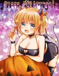  1girl :d ahoge alternate_costume aqua_eyes arm_support arm_under_breasts bare_shoulders black_choker black_skirt black_thighhighs black_wrist_cuffs blonde_hair blush breasts candy choker cleavage cleavage_cutout clothing_cutout commentary_request cowboy_shot curvy demon_horns demon_tail demon_wings eyelashes fake_horns fake_tail fake_wings fang fingernails food garter_straps hair_between_eyes hair_ribbon halloween halloween_costume halterneck hand_up happy_halloween heart heart_choker heart_cutout holding holding_candy holding_food holding_lollipop horns jack-o&#039;-lantern kamikita_komari large_breasts leaning_forward little_busters! lollipop long_fingernails long_ribbon looking_at_viewer medium_hair micchi_(koto_maple) miniskirt nail_polish open_mouth pencil_skirt red_nails red_ribbon ribbon skirt smile solo standing star_(symbol) tail tareme thighhighs twitter_username two_side_up wings 