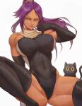  1girl :p absurdres alterlesott arm_up bare_shoulders black_cat black_gloves black_thighhighs bleach breasts cameltoe cat covered_navel dark-skinned_female dark_skin elbow_gloves gloves highleg highleg_leotard highres large_breasts leotard long_hair looking_at_viewer parted_bangs ponytail purple_hair shihouin_yoruichi sitting skin_tight solo spread_legs squatting taut_leotard thick_thighs thighhighs thighs toned tongue tongue_out yellow_eyes 