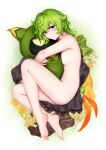  1girl bare_arms bare_back bare_legs bare_shoulders barefoot collei_(genshin_impact) earrings feet genshin_impact green_hair highres hug jewelry no_shoes nude purple_eyes shibanme_tekikumo short_hair single_earring soles stuffed_toy tassel tassel_earrings toy 