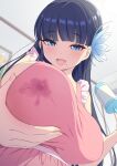  1girl :d absurdres black_hair blue_eyes blunt_bangs blurry blurry_background blush breast_hold breasts ceiling flower hair_flower hair_ornament highres hime_cut holding_rattle indoors lactation lactation_through_clothes large_breasts long_hair looking_at_viewer mole mole_under_eye open_mouth original sakamata_(sakamata4) smile solo upper_body 