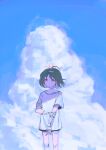  1girl absurdres bandaged_arm bandaged_neck bandages black_hair blue_archive blue_sky cigarette cloud day halo highres holding holding_cigarette misaki_(blue_archive) outdoors pong2 red_eyes shirt short_hair short_sleeves sky smoking solo white_shirt 