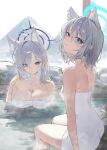  2girls absurdres animal_ears blue_archive blue_eyes blue_halo breasts dark_halo dual_persona extra_ears grey_hair halo highres large_breasts long_hair may.l medium_breasts medium_hair multiple_girls naked_towel onsen partially_submerged shiroko_(blue_archive) shiroko_terror_(blue_archive) sitting steam towel water white_towel wolf_ears 