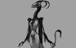  anthro areola bottomwear breasts clothing female hi_res horn loincloth long_neck meandraco monochrome monster nipples simple_background solo tail tail_tuft tuft 