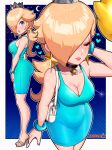  1girl absurdres bag black_choker blonde_hair blue_dress blue_eyes blue_nails bracelet breasts choker cleavage crown curvy dress earrings full_body hair_over_one_eye heart high_heels highres jewelry large_breasts long_hair luma_(mario) mario_(series) nail_polish rosalina sarukaiwolf short_dress shoulder_bag sleeveless sleeveless_dress smile star_(symbol) star_choker star_earrings super_mario_galaxy toenail_polish toenails 