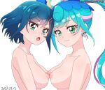  2girls asymmetrical_docking blue_hair breast_press breasts closed_mouth collarbone cure_spicy dated delicious_party_precure earrings floating_hair fuwa_kokone ginko_(silver_fox) green_eyes hair_ornament hairclip jewelry large_breasts long_hair looking_at_viewer magical_girl medium_breasts multiple_girls multiple_persona nipples open_mouth ponytail precure short_hair simple_background symmetrical_docking white_background 
