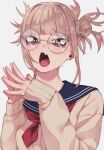  1girl bags_under_eyes blonde_hair blue_sailor_collar blunt_bangs boku_no_hero_academia cardigan chibi_228 double_bun fang glasses hair_bun highres looking_at_viewer messy_hair neckerchief open_mouth red_neckerchief round_eyewear sailor_collar simple_background skin_fang slit_pupils solo toga_himiko white_background yellow_cardigan yellow_eyes 