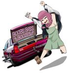  1girl ^_^ absurdres black_bow black_jacket bocchi_the_rock! bow box braid clenched_hand closed_eyes english_text geta hair_bow highres hiroi_kikuri holding holding_box holeecrab jacket letterman_jacket lincoln_(company) lincoln_town_car lowrider off_shoulder pink_hair running sandals sharp_teeth smile solo teeth vehicle_focus 