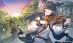 1girl animal_ears black_hair cantate_(granblue_fantasy) erune facial_mark granblue_fantasy hairband highres holding holding_instrument instrument long_hair lute_(instrument) music official_art open_mouth playing_instrument pouch shrine solo sunset thick_eyebrows upper_body violin yellow_eyes 