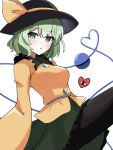  1girl black_headwear black_pantyhose blouse blue_eyes blush buttons cowboy_shot diamond_button expressionless eyeball frilled_shirt_collar frilled_skirt frills green_skirt hat hat_ribbon heart heart_of_string highres koishi_day komeiji_koishi light_green_hair long_sleeves looking_at_viewer medium_hair mokoo43451177 open_mouth pantyhose ribbon shirt simple_background skirt solo third_eye touhou wavy_hair white_background wide_sleeves yellow_ribbon yellow_shirt 