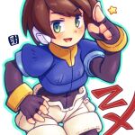  1girl :d aile_(mega_man_zx) black_gloves blue_jacket brown_hair commentary_request elbow_gloves fingerless_gloves gloves green_eyes green_outline hand_on_own_hip jacket looking_at_viewer mawaru_(mawaru) mega_man_(series) mega_man_zx open_mouth outline salute short_hair shorts simple_background smile solo star_(symbol) two-finger_salute white_background white_shorts 