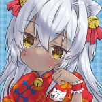  1girl :o animal_ear_fluff animal_ears bell blue_background brown_eyes chinese_clothes commentary_request dark-skinned_female dark_skin grey_hair hair_bell hair_between_eyes hair_ornament head_tilt jingle_bell k_hiro long_hair looking_at_viewer neck_bell original parted_lips puffy_sleeves single_hair_intake solo upper_body wrist_cuffs 