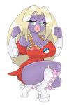  anthro big_breasts blonde_hair blue_eyes bra breasts clothing dress eyelashes female footwear generation_1_pokemon hair hi_res huge_breasts jynx lips nintendo pokeball pokemon pokemon_(species) purple_body shoes simple_background solo underwear urusee584 white_background 