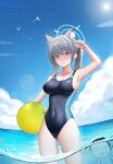  absurdres animal_ear_fluff animal_ears arona&#039;s_sensei_doodle_(blue_archive) ball black_one-piece_swimsuit blue_archive blue_eyes blue_sky breasts cloud competition_swimsuit covered_navel cross_hair_ornament day extra_ears grey_hair hair_ornament halo highres low_ponytail medium_breasts medium_hair mismatched_pupils multicolored_clothes multicolored_swimsuit official_alternate_costume one-piece_swimsuit outdoors partially_underwater_shot sensei_(blue_archive) shiroko_(blue_archive) shiroko_(swimsuit)_(blue_archive) sky swimsuit wolf_ears xi_(hanha) 