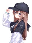  1girl auroraescientia baseball_cap black_choker black_headwear black_hoodie blue_eyes blush brown_hair cafe choker closed_mouth commentary drawstring hand_on_headwear hat highres hololive hood hood_down hoodie long_hair looking_at_viewer menu_board outdoors smile solo star_(symbol) tokino_sora tokino_sora_(6th_costume) two-tone_hoodie virtual_youtuber white_hoodie 