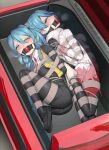  2girls ai_the_somnium_files arms_behind_back ball_gag bdsm blue_hair bondage bound bound_together box crying crying_with_eyes_open gag gloves grazelz heterochromia highres in_box in_container long_hair looking_at_viewer multiple_girls okiura_mizuki restrained shibari tears tied_up_(nonsexual) 