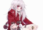  1girl barefoot blush chinese_commentary clara_(honkai:_star_rail) coat commentary_request feet foot_focus foot_tickling grey_hair highres honkai:_star_rail honkai_(series) jacket long_hair long_sleeves looking_at_viewer open_mouth qiufengxiaose red_coat red_eyes red_jacket sidelocks soles solo sweatdrop thigh_strap tickling toes 