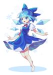  1girl :d absurdres aqua_hair bare_legs barefoot blue_bow blue_dress blue_eyes blue_hair blush bow cirno collared_shirt dress full_body hair_bow highres ice ice_wings neck_ribbon offbeat open_mouth pinafore_dress puffy_short_sleeves puffy_sleeves red_ribbon ribbon shirt short_hair short_sleeves smile snowflake_background solo swept_bangs touhou white_shirt wings 
