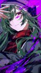  1girl black_eyes closed_mouth green_hair grey_jacket heterochromia highres hood hooded_jacket jacket kagerou_project kido_tsubomi long_hair long_sleeves looking_at_viewer maronrice red_eyes sidelocks solo upper_body 