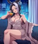  1girl alcohol alternate_costume armpits bare_shoulders black_hair bloody0rabby blush breasts cleavage commentary_request couch crossed_legs cup curtains ear_ornament fur_trim hair_bun highres holding holding_cup jewelry large_breasts lingerie medium_hair mejiro_ramonu_(umamusume) multicolored_hair on_couch parted_bangs parted_lips pinky_out purple_eyes ring sitting skyline solo strap_slip streaked_hair umamusume underwear whiskey white_hair window 