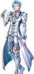  1boy achan_(blue_semi) arm_at_side armor armpit_cutout asymmetrical_hair blue_hair blue_shirt blue_vest boots brooch ciriaer_(eternal_tree) clenched_hand clothing_cutout coat cuffs eternal_tree feet_out_of_frame gloves grey_thighhighs hand_up jewelry knee_boots lace-up_legwear lapels long_sleeves looking_at_viewer male_focus medium_hair monocle necktie official_art pants parted_bangs poleyn shirt shoulder_armor smile solo standing striped striped_shirt tassel thighhighs third-party_source transparent_background vertical-striped_shirt vertical_stripes vest white_coat white_footwear white_gloves white_necktie white_pants yellow_eyes 