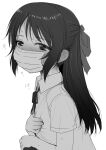  1girl blush bow breasts collared_shirt commentary_request hair_bow idolmaster idolmaster_cinderella_girls long_hair looking_at_viewer mask monochrome mouth_mask neck_ribbon ribbon sakaki_imasato shirt short_sleeves small_breasts solo surgical_mask sweat tachibana_arisu upper_body 